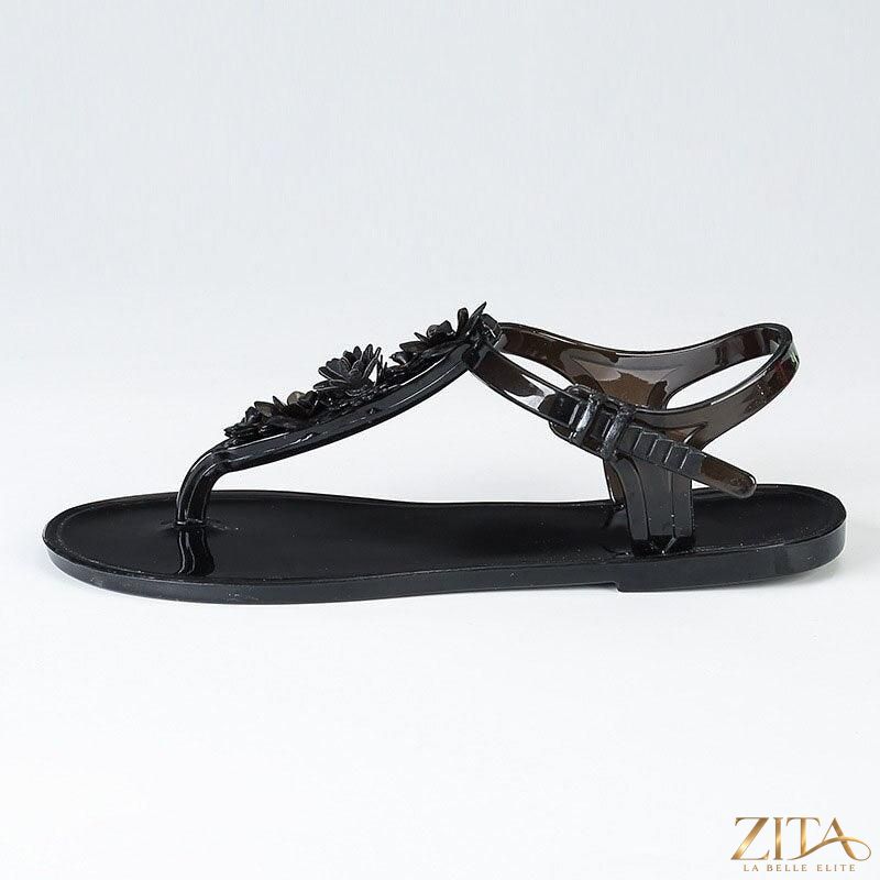 Zita La Belle Elite flower T-strap flat thong sandals for women, breathable summer beach casual slip-on slides with floral design.