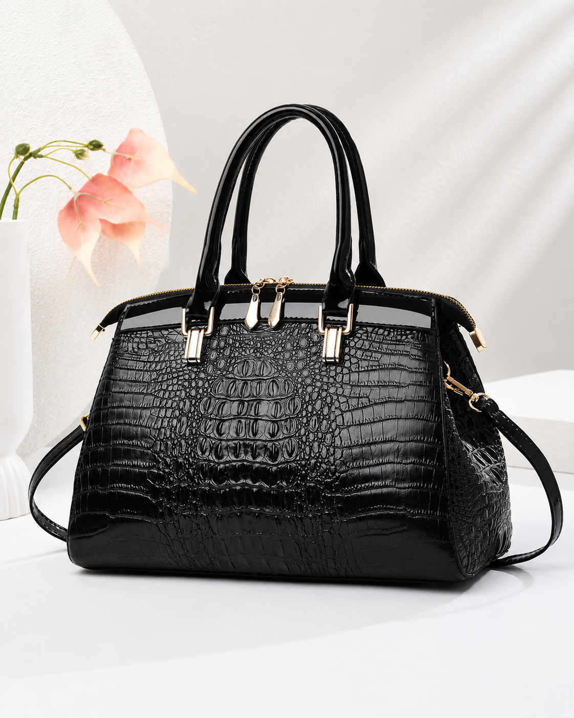 Patent leather crocodile-embossed commuter handbag – Zita La Belle Élite