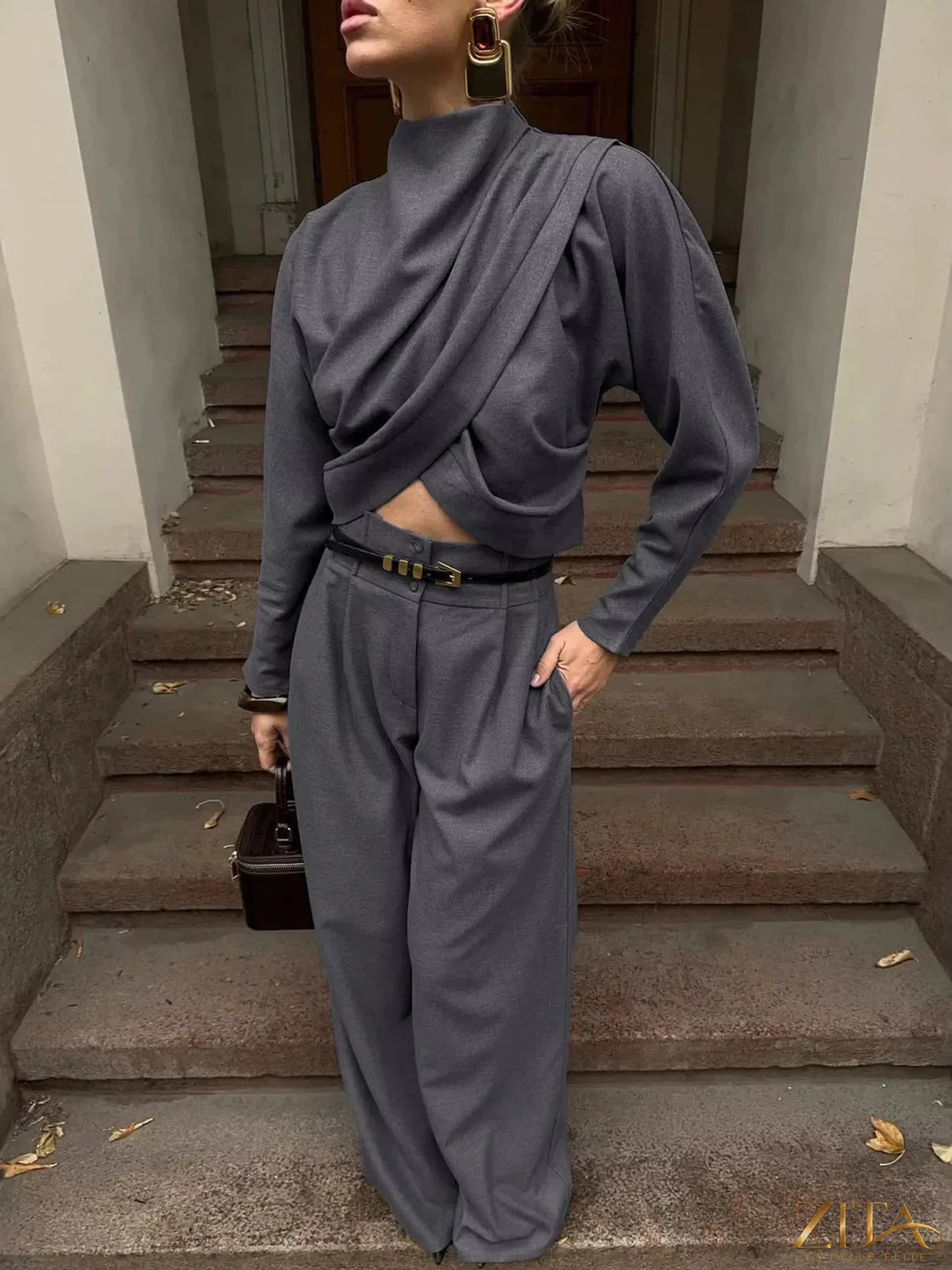 Zita La Belle Elite draped crop top and wide-leg pants set, shown in a stylish, coordinated outfit with flowing fabric and modern design