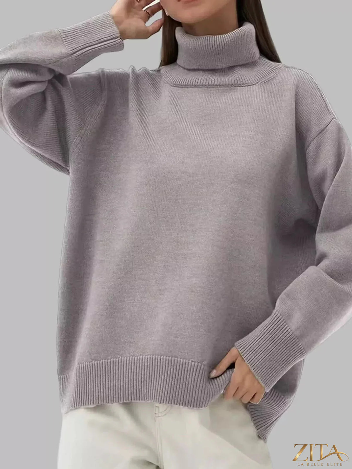 Zita La Belle Elite turtleneck dropped shoulder sweater in soft knit fabric, featuring a relaxed fit and stylish design.