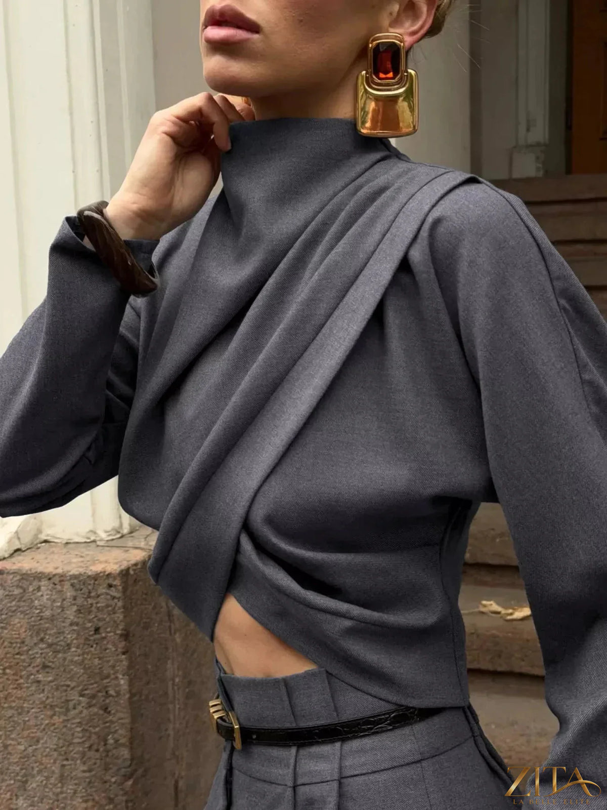 Zita La Belle Elite draped crop top and wide-leg pants set, featuring a stylish coordinated outfit with flowing fabric and modern design.