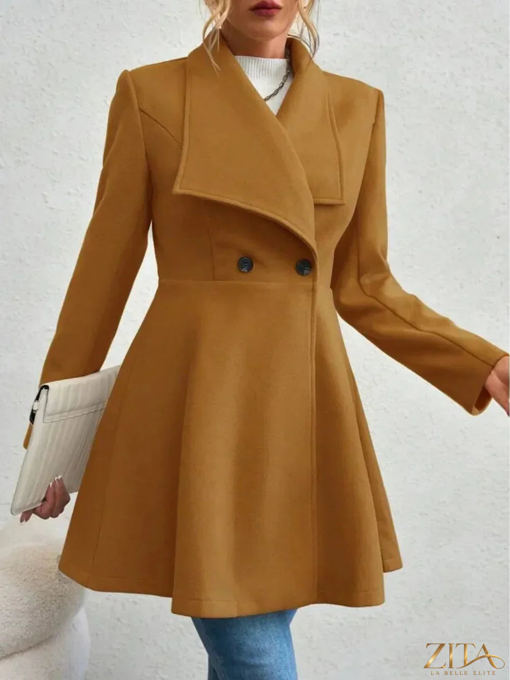 Zita La Belle Elite collared neck button-up long sleeve coat with tailored fit and classic design, shown in navy blue.