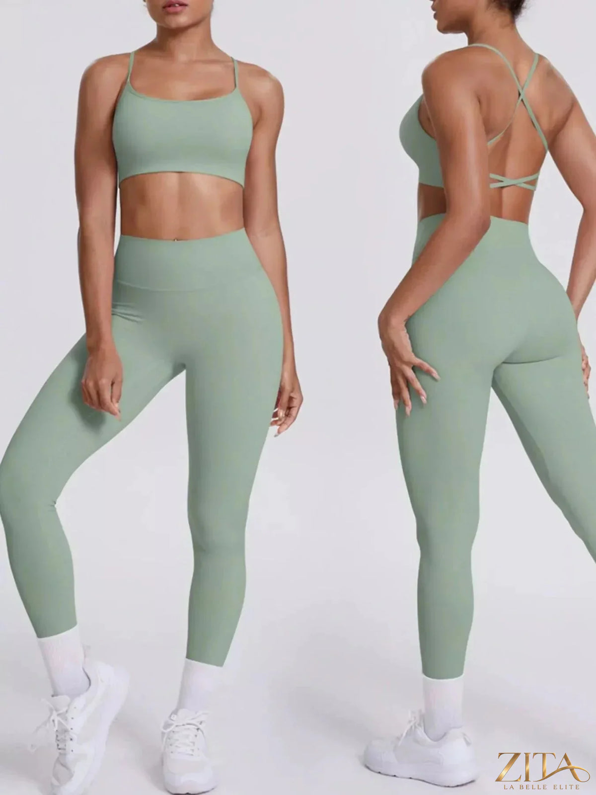 Zita La Belle Elite criss-cross back cami and matching leggings active set, black, stretchy fabric, ideal for workout or yoga sessions.