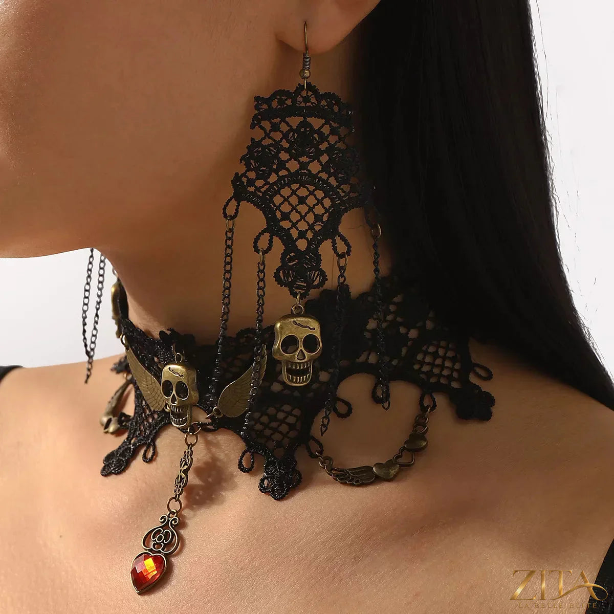Halloween lace skull necklace and earrings jewelry set with intricate lace detailing, perfect for spooky season accessories