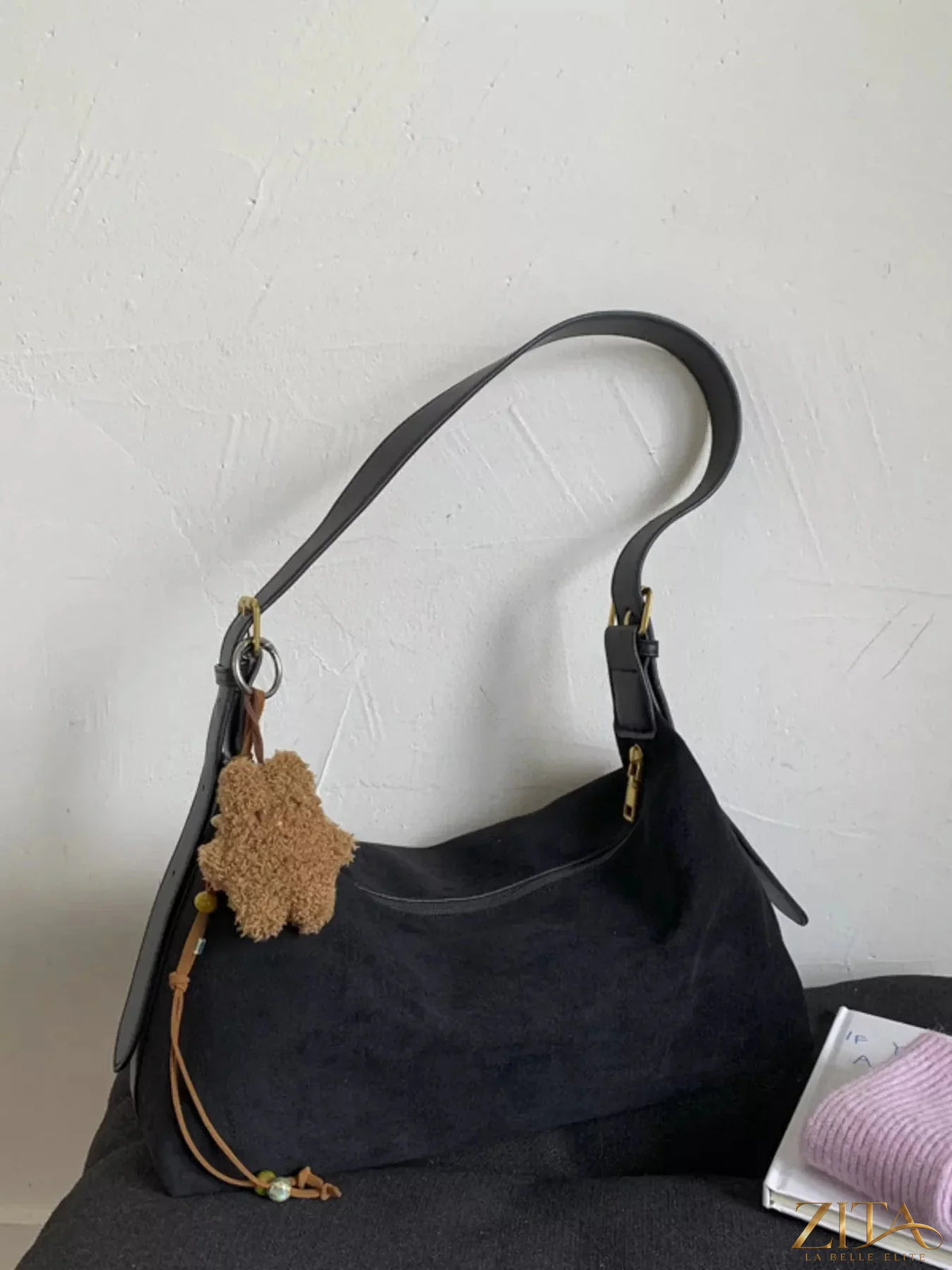 Zita La Belle Elite solid color suede hobo crossbody bag with adjustable strap and minimalist design.