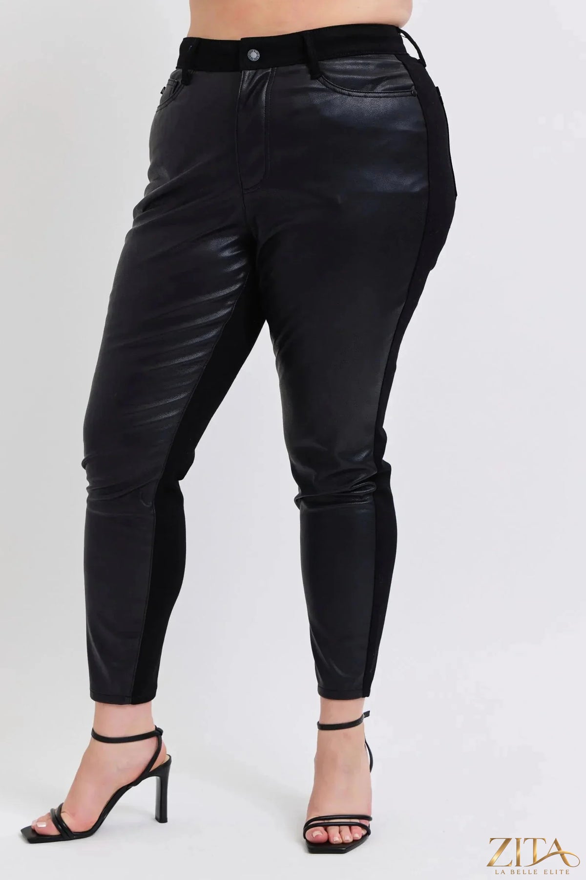 Zita La Belle Elite Judy Blue Plus Size HW faux leather skinny pants showing a close-up of black leather material and fitted style.