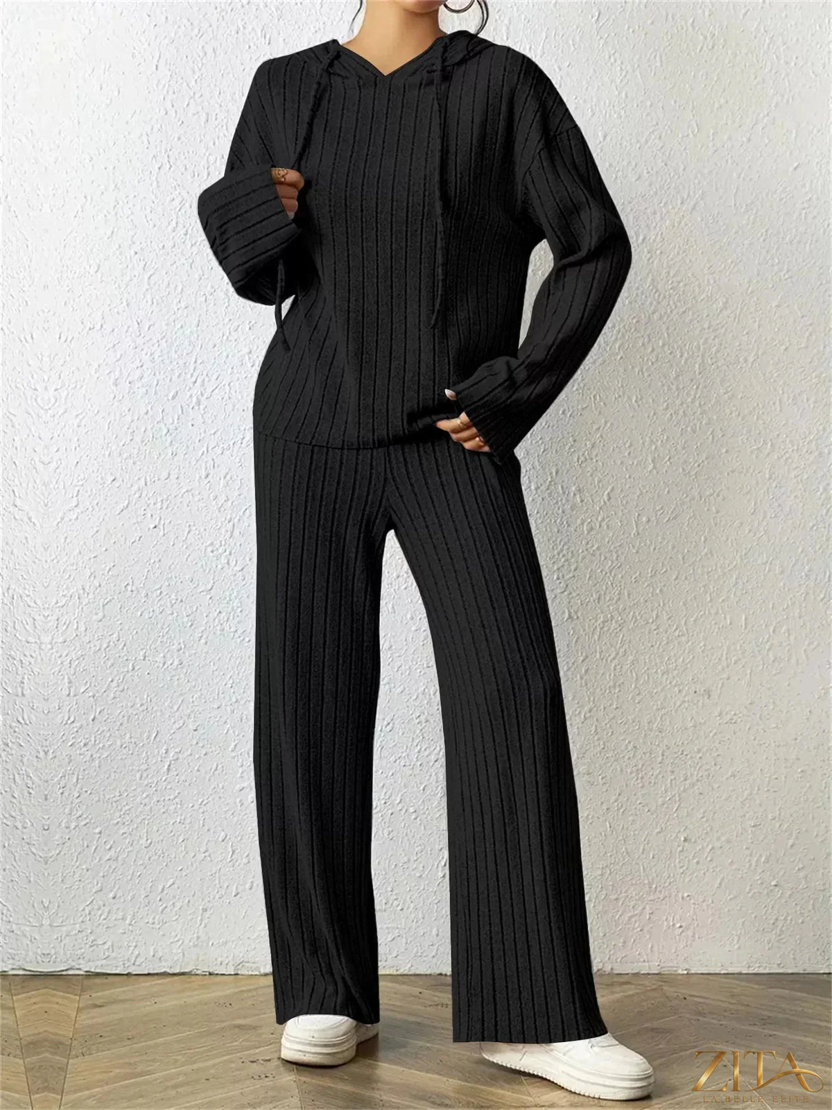 Zita La Belle Elite ribbed drawstring hoodie and matching pants set, soft textured fabric, casual loungewear style.