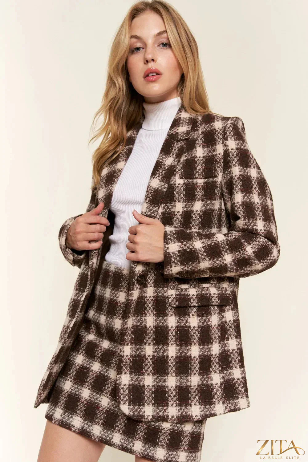 Zita La Belle Elite And The Why full-size plaid brushed blazer with one button, showcasing a tailored fit and classic pattern.
