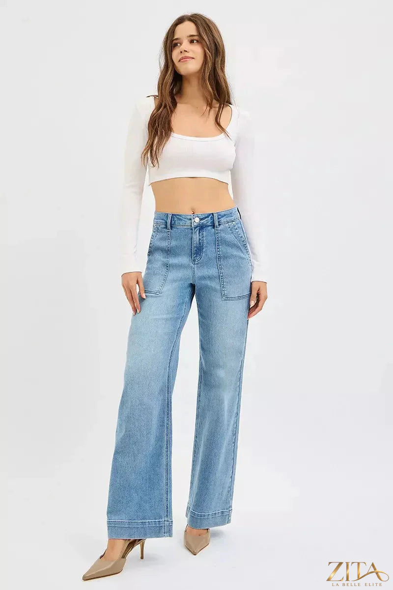 Zita La Belle Elite RISEN high rise straight leg plus size jeans, dark wash denim, front view showing fit and style