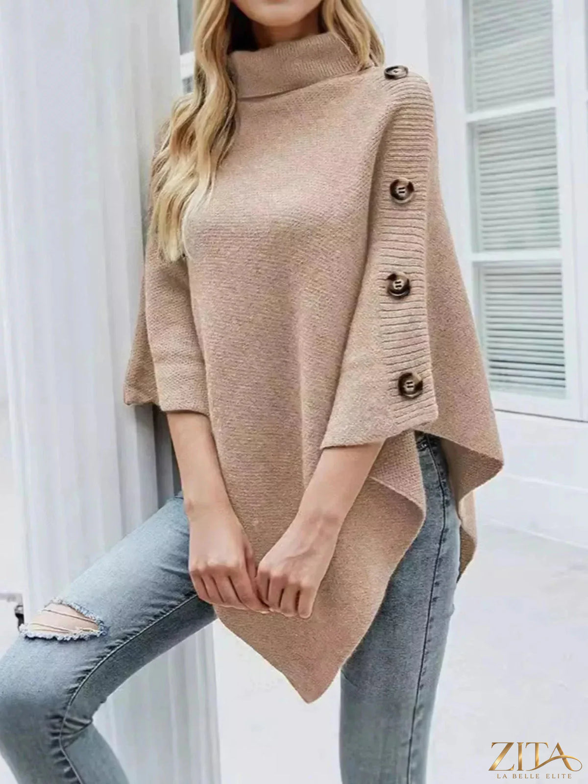 Zita La Belle Elite button-decor turtleneck poncho pullover in cozy knit with front buttons and a relaxed fit.