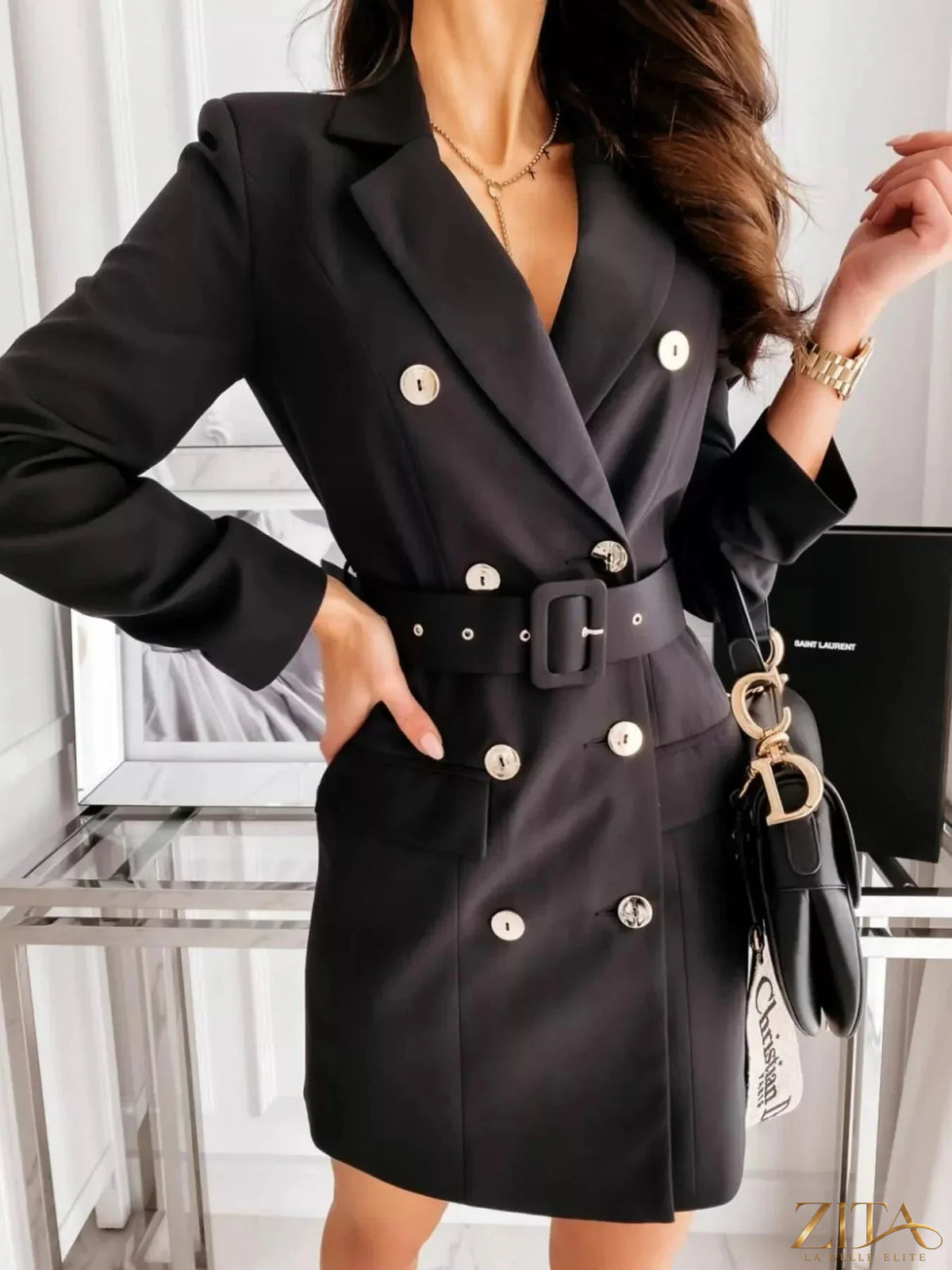 Zita La Belle Elite double-breasted belted blazer dress shown on a model, featuring structured fit and classic lapel design.