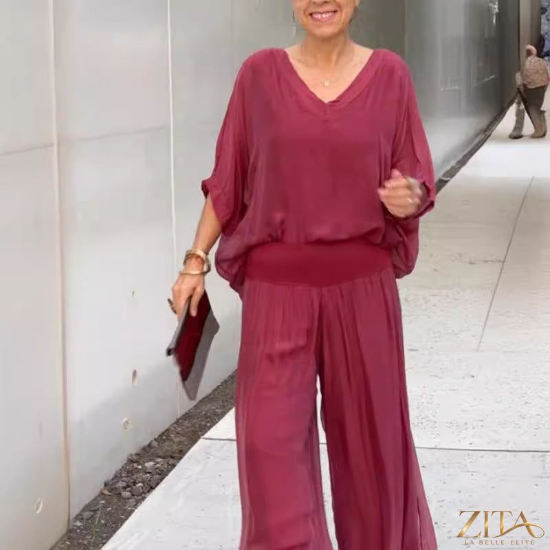 Zita La Belle Elite solid-color chiffon two-piece casualwear set in various colors, featuring a relaxed fit, available from size S to 5XL.