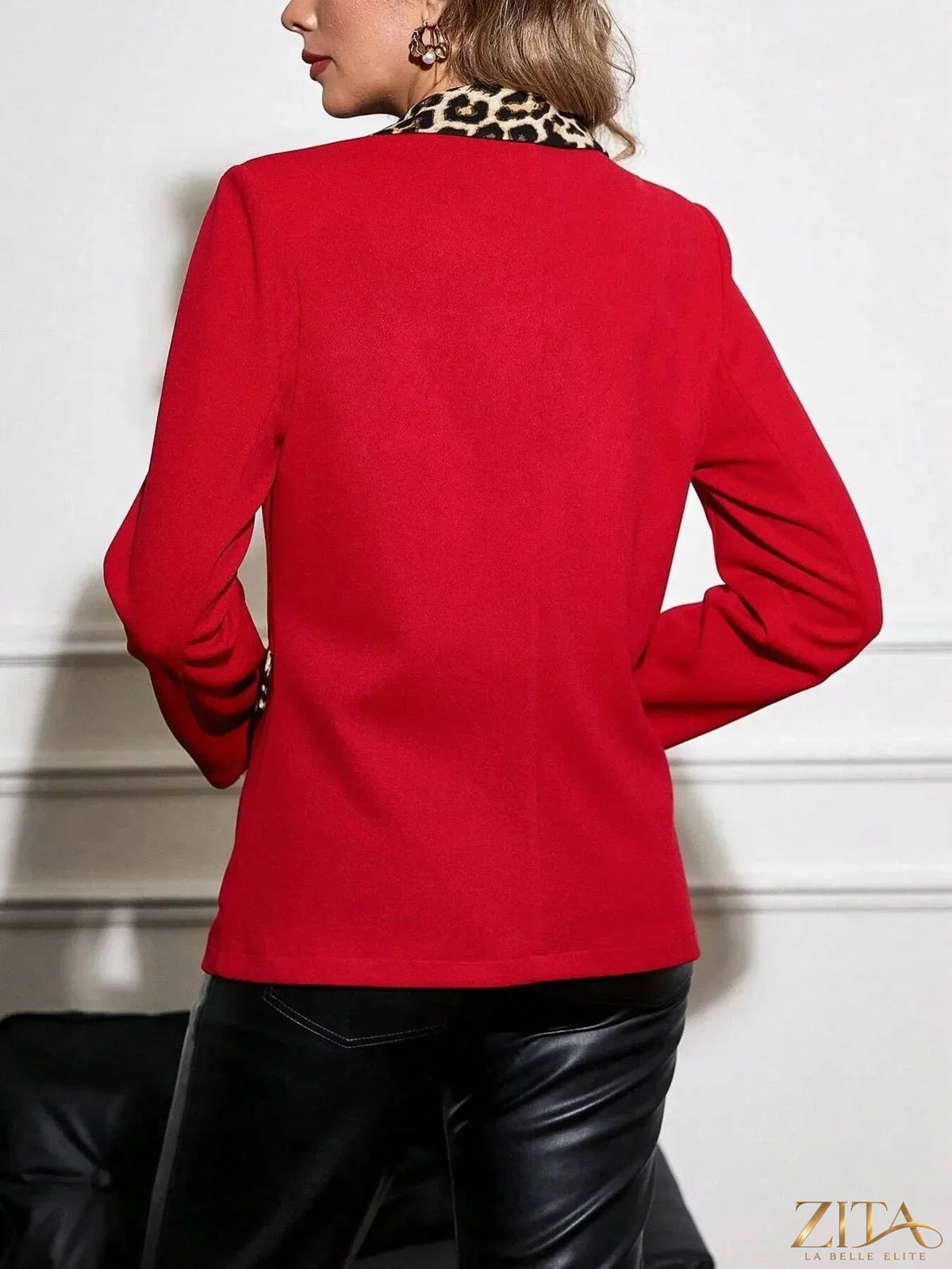 Zita La Belle Elite leopard lapel collar long sleeve blazer, stylish tailored jacket with animal print design.