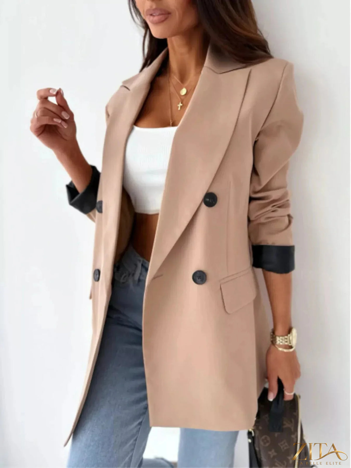 Zita La Belle Elite lapel collar long sleeve blazer with tailored fit, featuring a structured design and classic lapel collar.