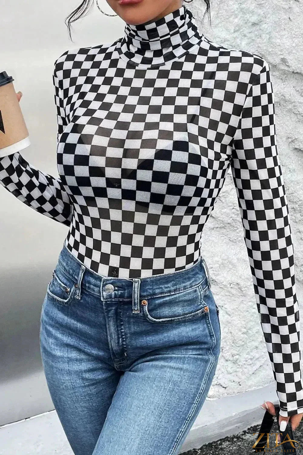 Checkered turtleneck long sleeve bodysuit by Trendsi, featuring a fitted design with a stylish checkered pattern and high neckline.