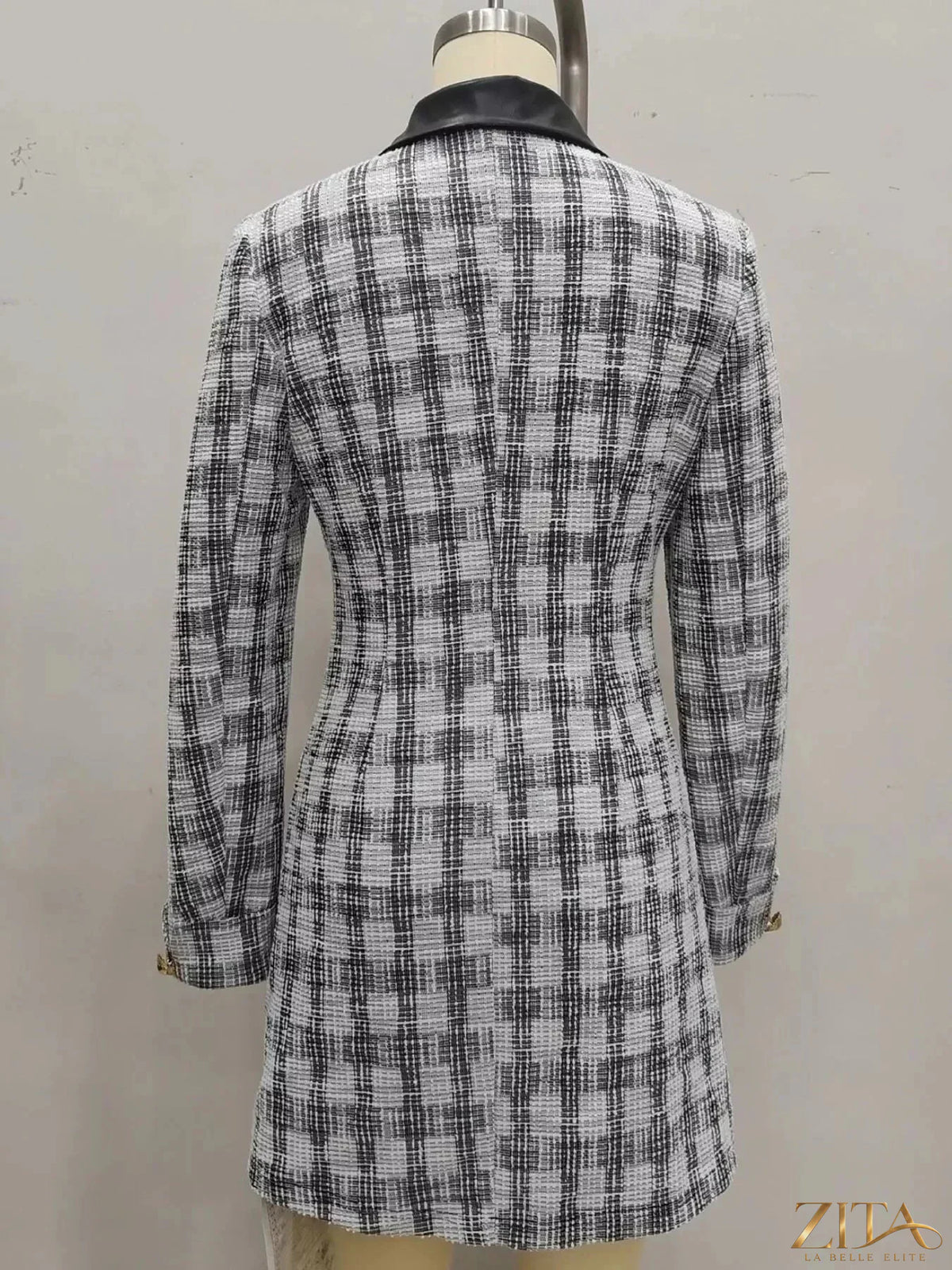 Zita La Belle Elite long sleeve plaid tweed button-down mini dress with a fitted silhouette and classic pattern.