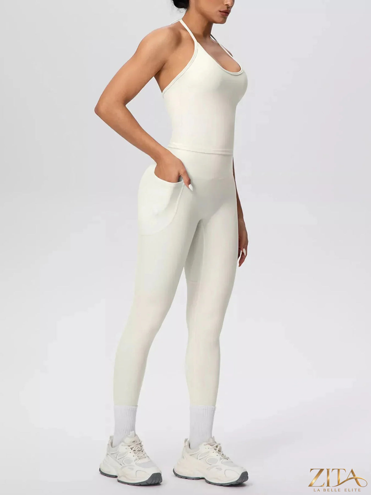 Zita La Belle Elite halter neck cami and high-waisted leggings active set, black color, fitted for workout and casual wear.