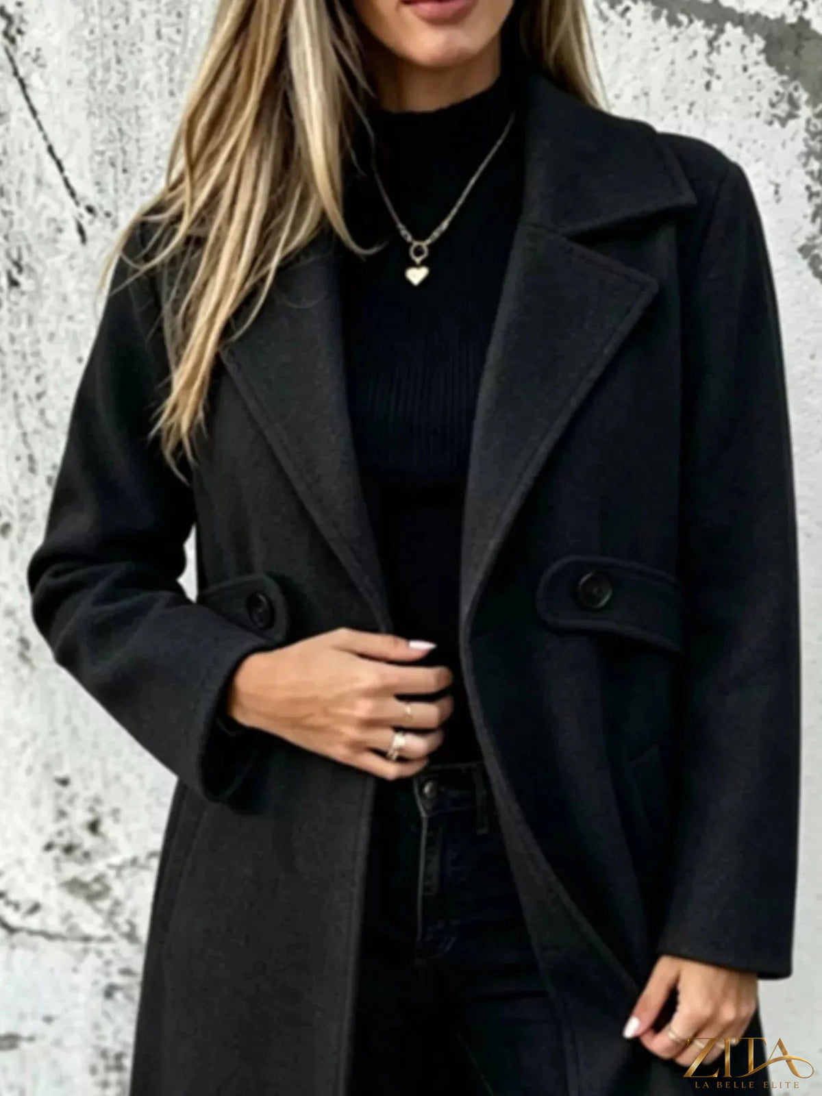 Plus size Zita La Belle Elite longline overcoat with lapel collar and full size, shown in a stylish, tailored design.