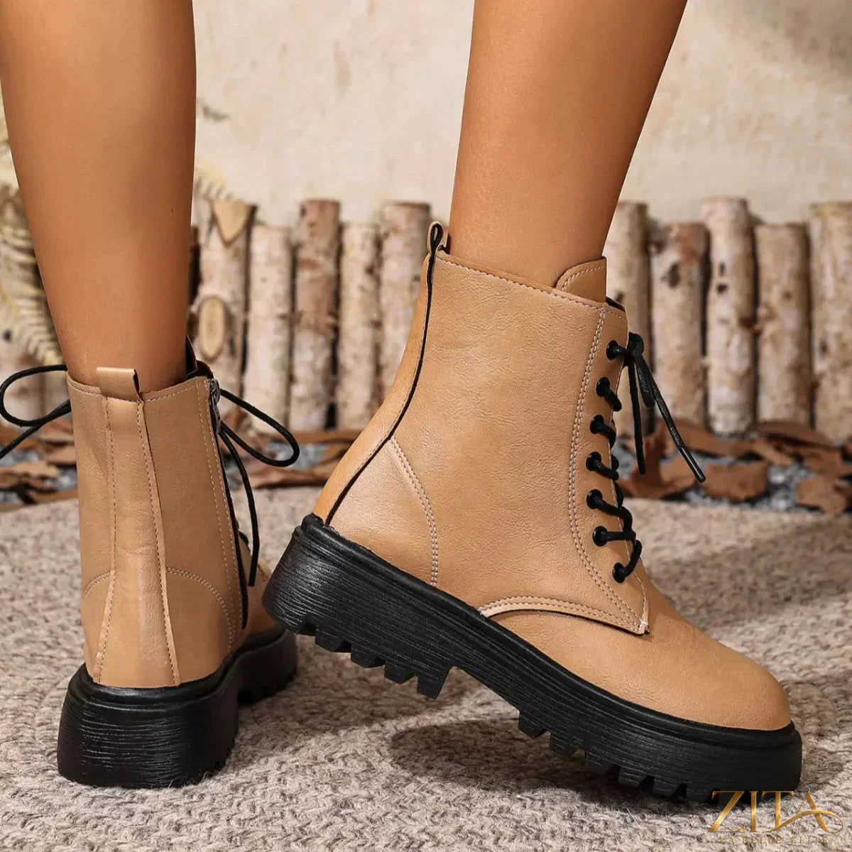 Zita La Belle Elite lace-up ankle combat boots with chunky soles and metal eyelets, stylish footwear for edgy fashion.