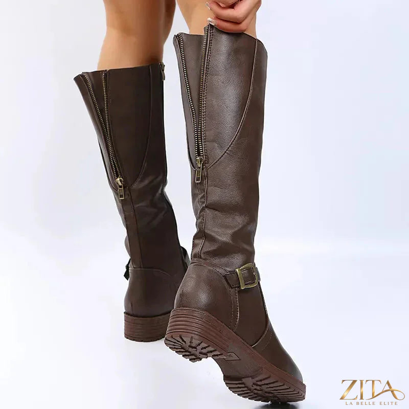 Zita La Belle Elite round toe block heels boots featuring sleek design and sturdy heel, shown from the front view.