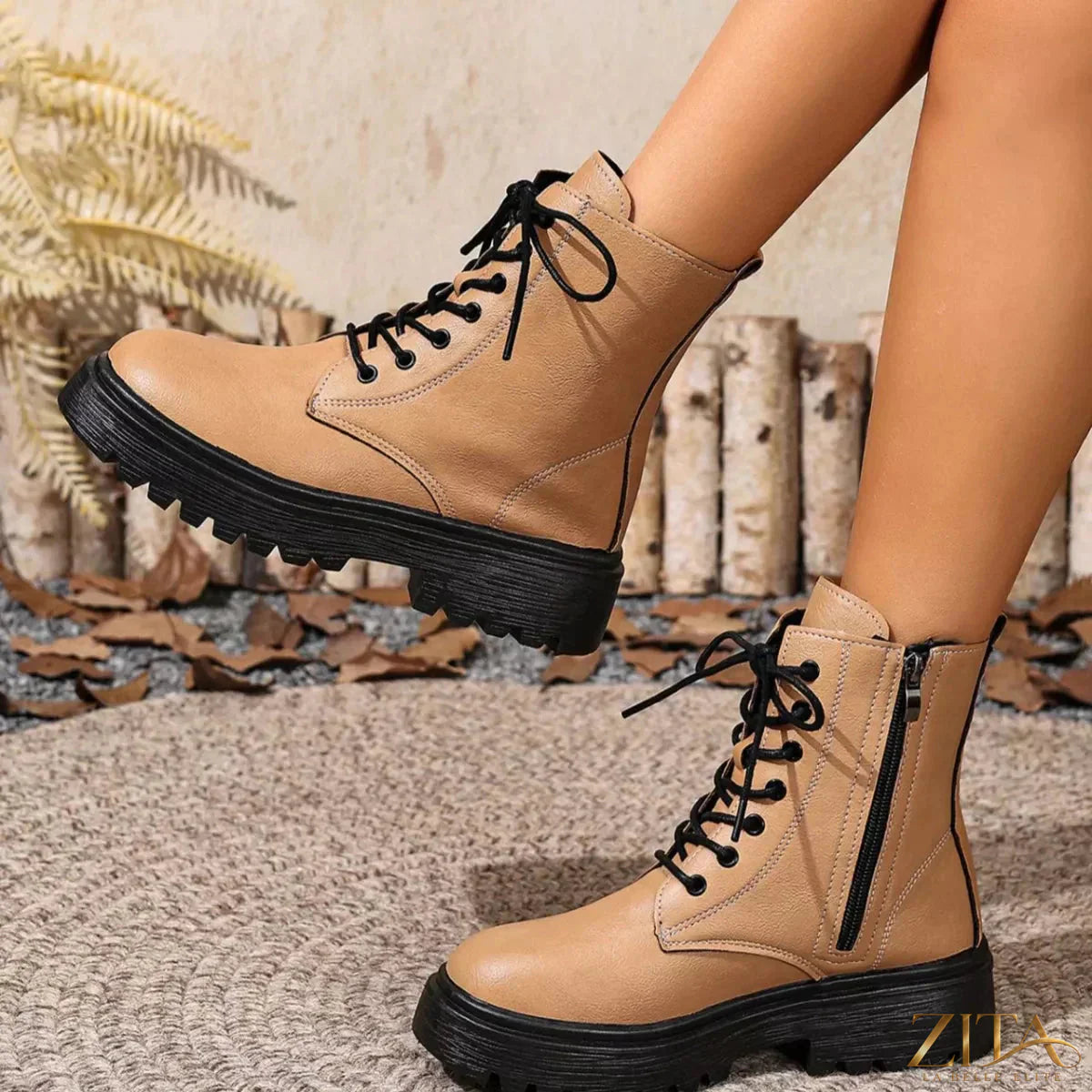 Zita La Belle Elite lace-up ankle combat boots with chunky soles and metal eyelets, stylish and sturdy footwear.
