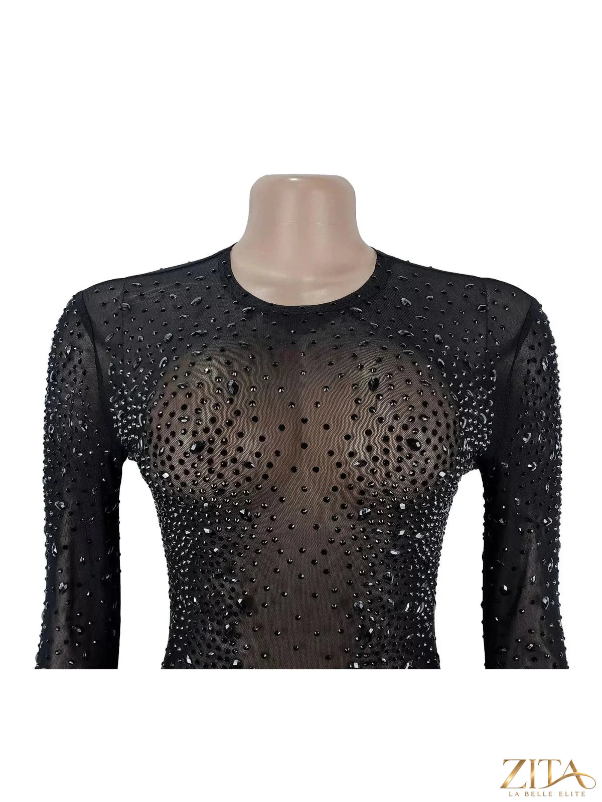 Sheer mesh long sleeve evening dress with rhinestone embellishments by Zita La Belle Elite, showcasing intricate detailing and elegant design.