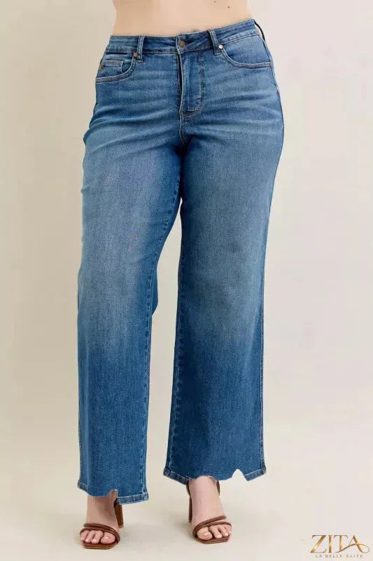 Zita La Belle Elite Judy Blue tummy control distressed wide jeans displayed on a model, featuring a high waist and ripped details.