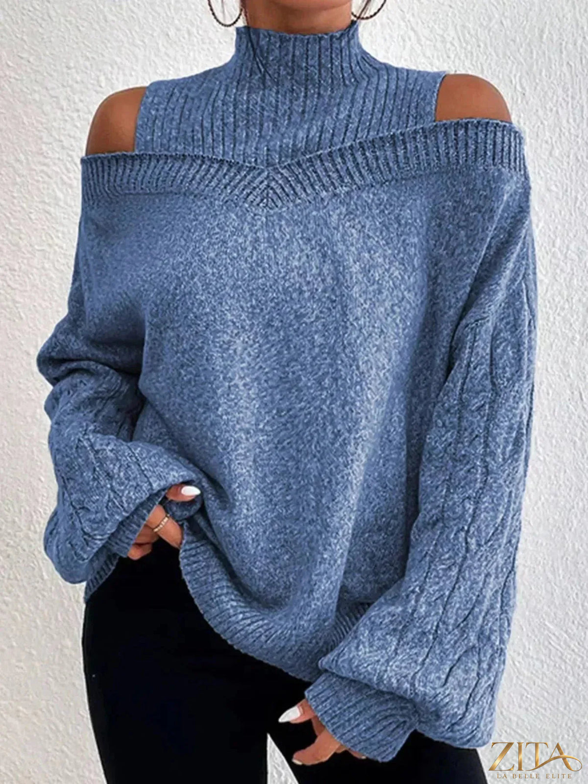Zita La Belle Elite cold shoulder turtleneck sweater in cozy knit fabric, featuring cut-out shoulders and a fitted silhouette.