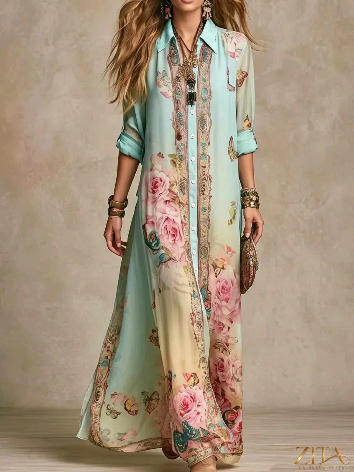 Plus size floral print button-down maxi shirt dress by Zita La Belle Elite, full-length with vibrant floral pattern.