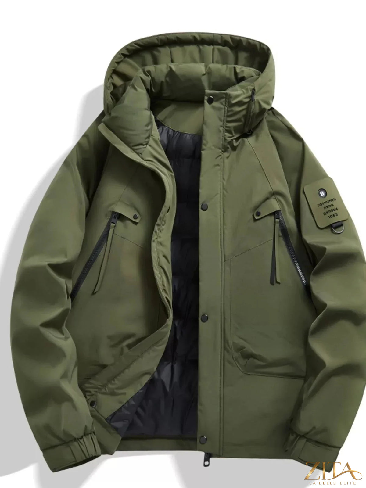 Plus size men's hooded snap-down jacket by Zita La Belle Elite, featuring a front zipper, pockets, and adjustable hood.