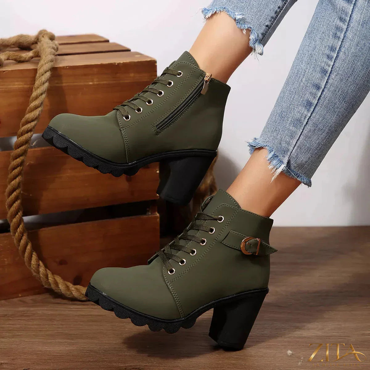 Zita La Belle Elite lace-up buckle chunky heel ankle boots with a stylish design and sturdy sole, perfect for fashion-forward looks.