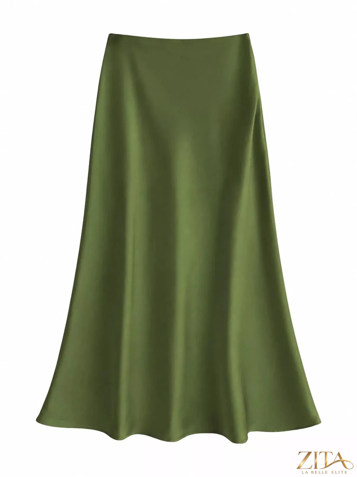 Plus size high-waisted satin midi skirt by Trendsi, showcasing smooth, shiny fabric and elegant fit in a full-length view.