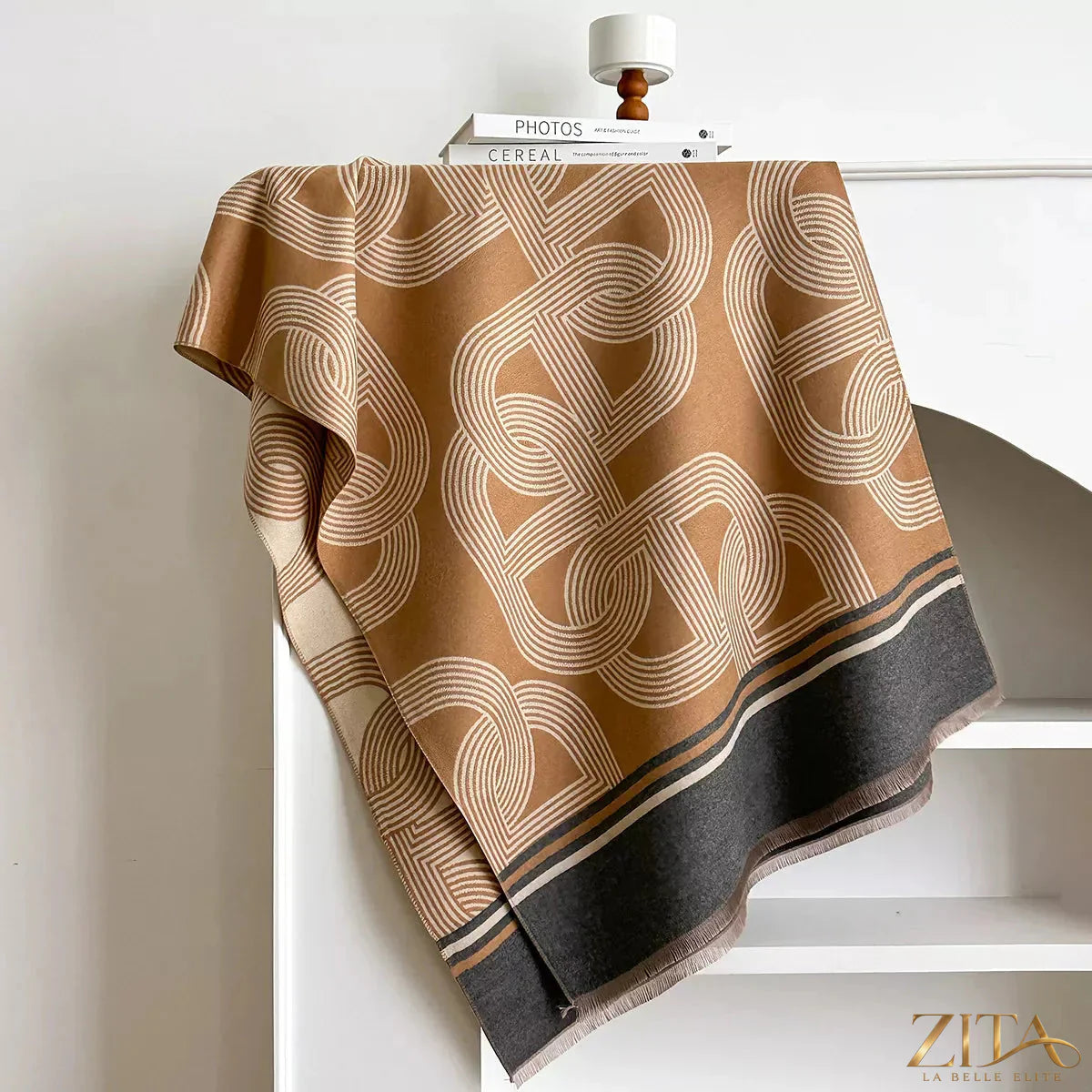 Zita La Belle Elite geometric pattern raw hem scarf with bold shapes and fringed edges, stylish accessory for casual or elegant outfits.
