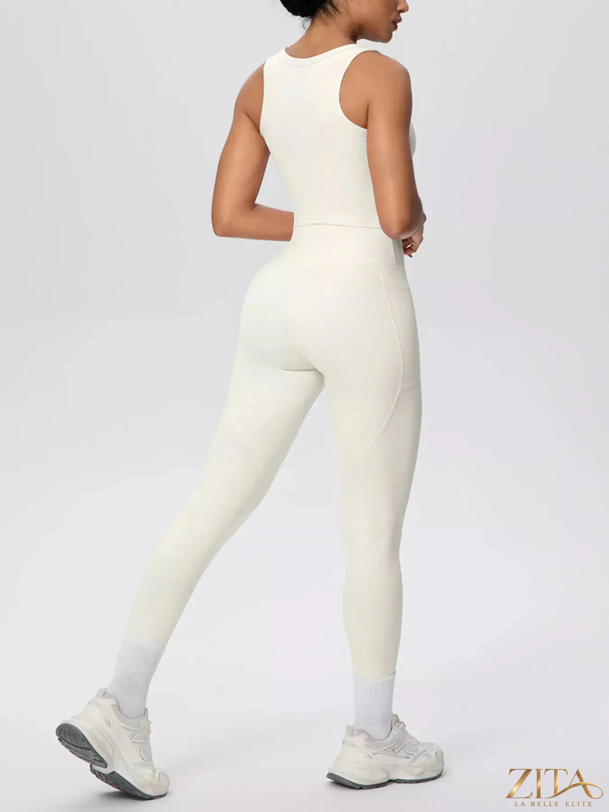 Zita La Belle Elite scoop neck tank top and high-waisted leggings active set, black, made from stretchy athletic fabric.