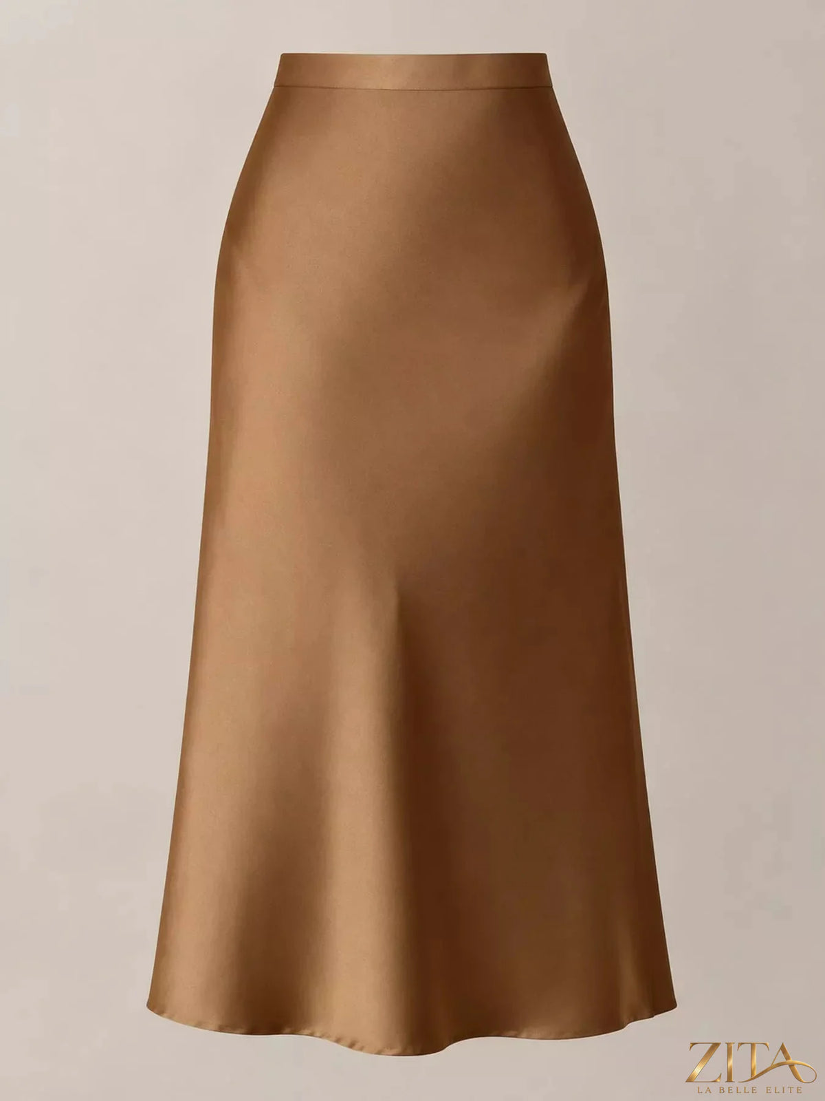 High-waisted satin midi skirt from Trendsi, smooth fabric with a flowing design and elegant length, perfect for stylish outfits.