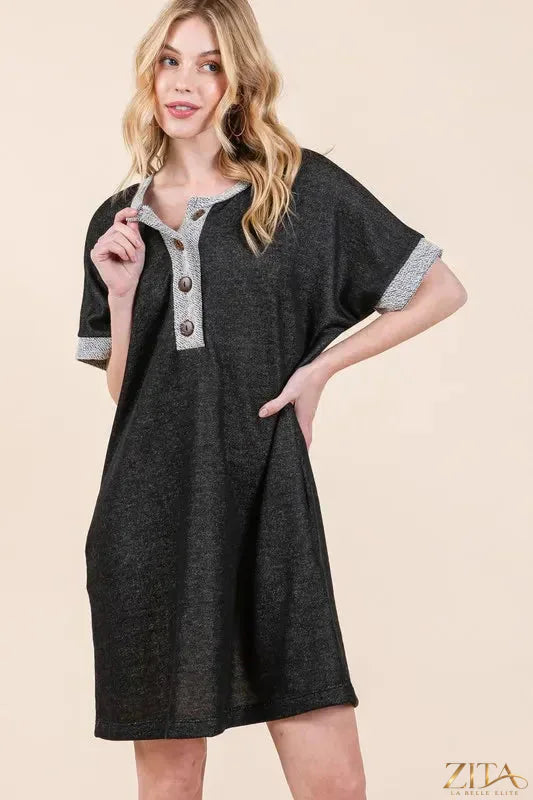 Zita La Belle Elite casual contrast trim Henley dress with long sleeves and button neckline, soft fabric, in a relaxed fit.