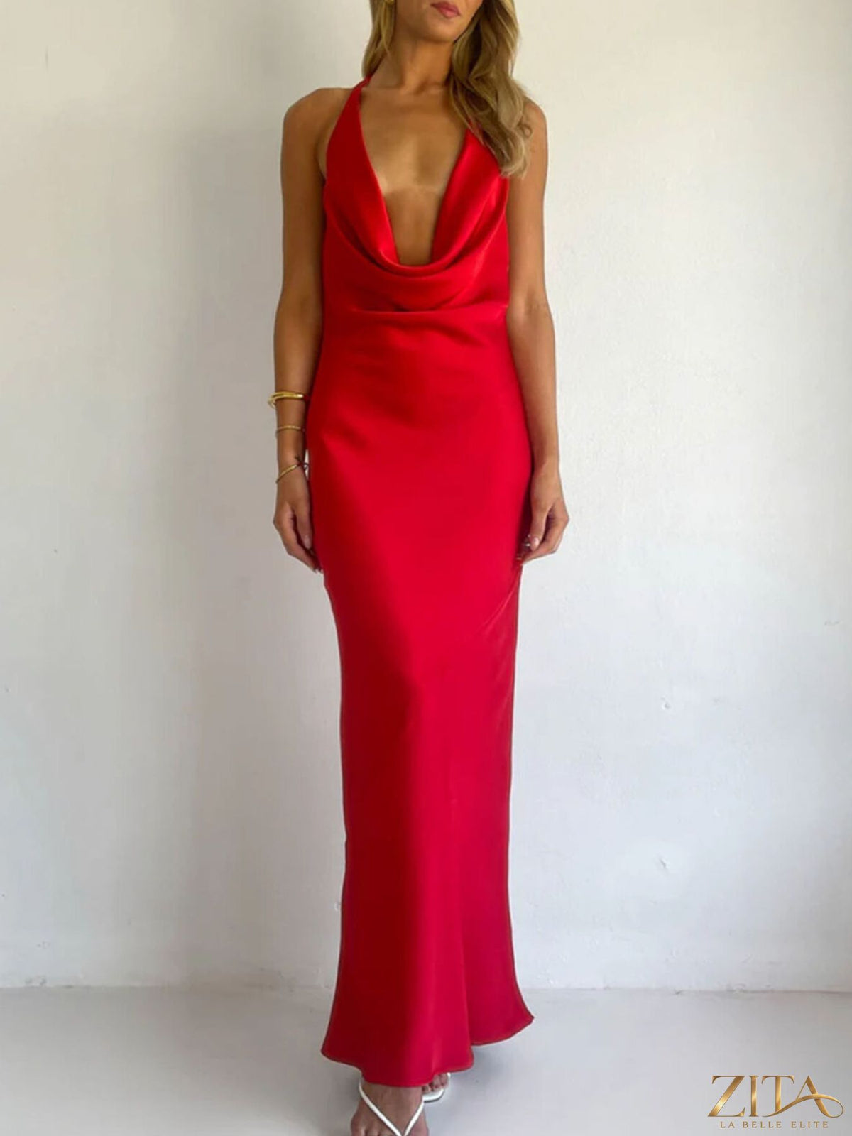Zita La Belle Elite halter neck satin maxi dress with flowing fabric and elegant design, shown in a full-length view.