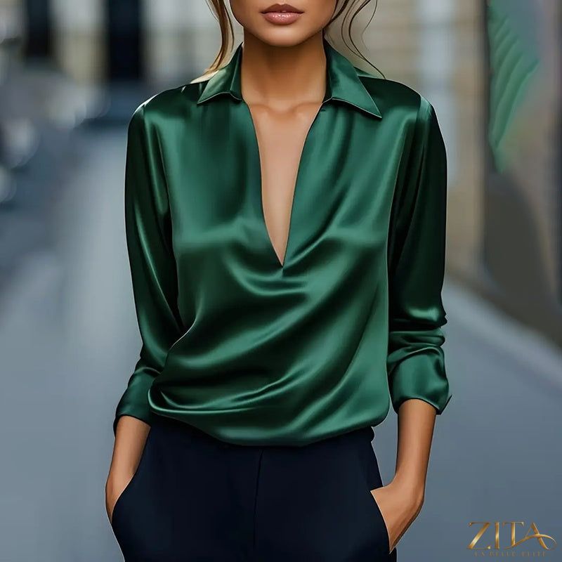 Zita La Belle Elite V-neck long sleeve satin blouse in a casual style, shown in a close-up of the silky fabric and neckline.