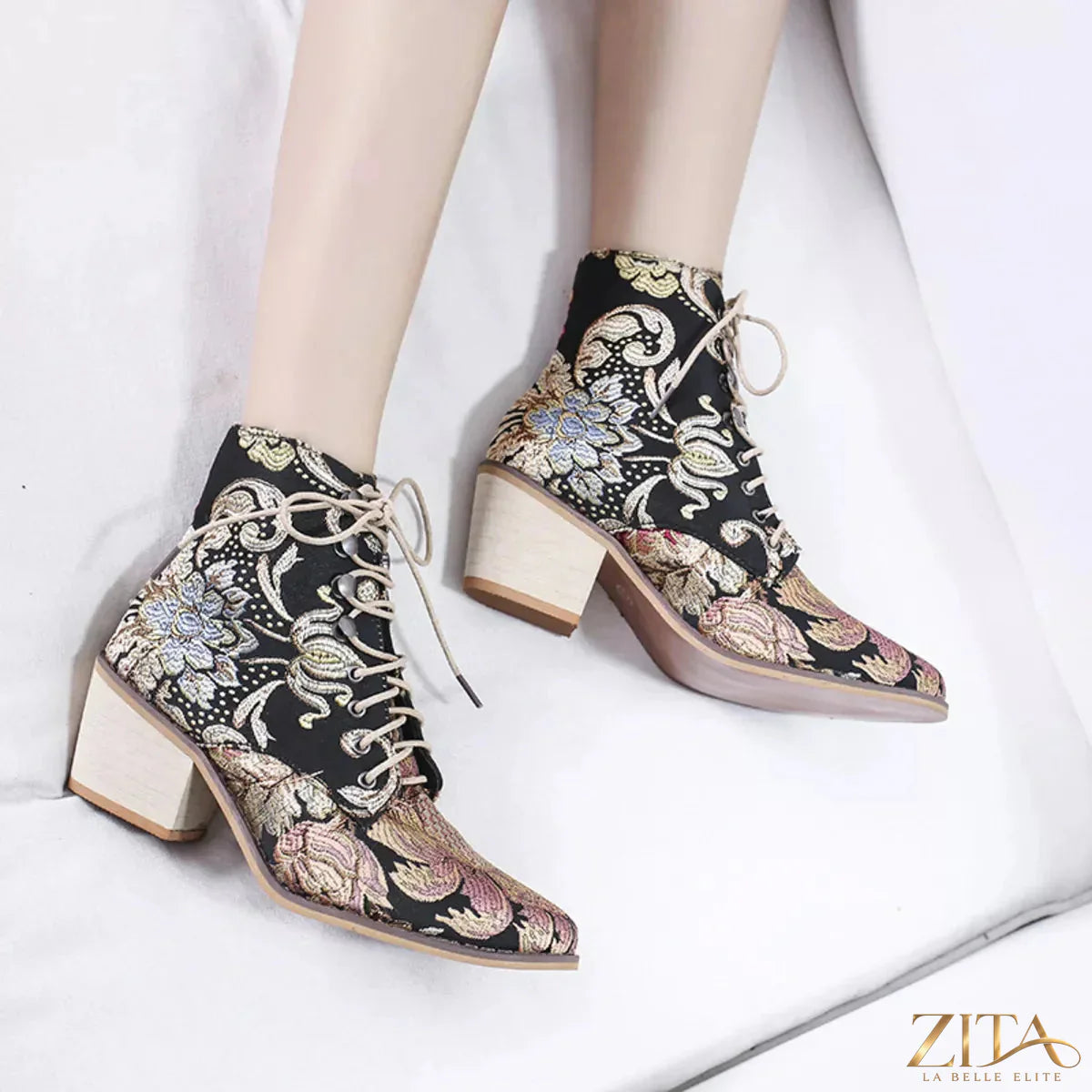 Zita La Belle Elite embroidered floral lace-up ankle boots with intricate floral embroidery and stylish ankle-length design.