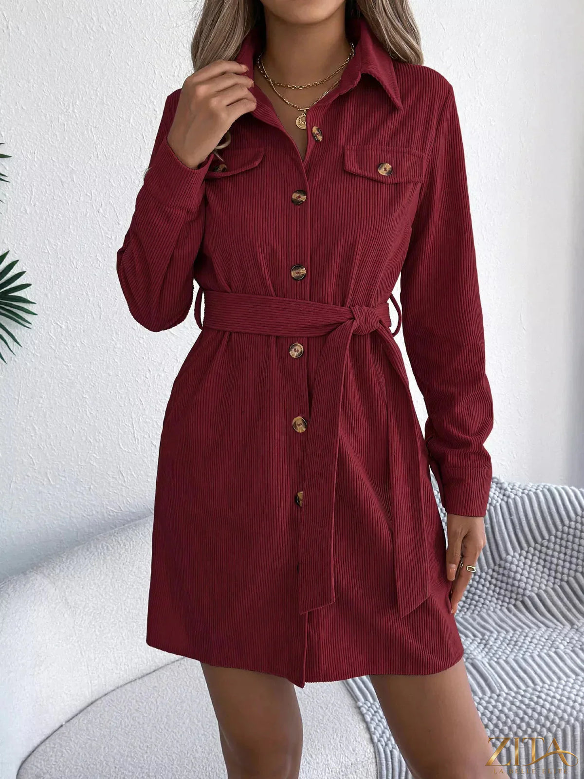 Zita La Belle Elite corduroy button-down shirt dress in warm brown with long sleeves and a classic collar.