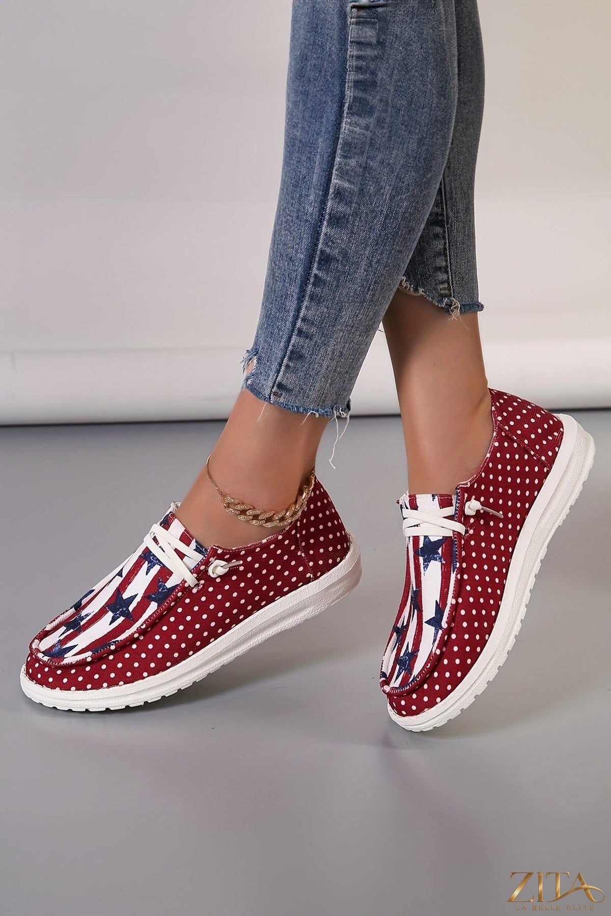 Womens casual shoes by Zita La Belle Elite featuring red polka dots, stars, and stripes design for Independence Day celebrations.