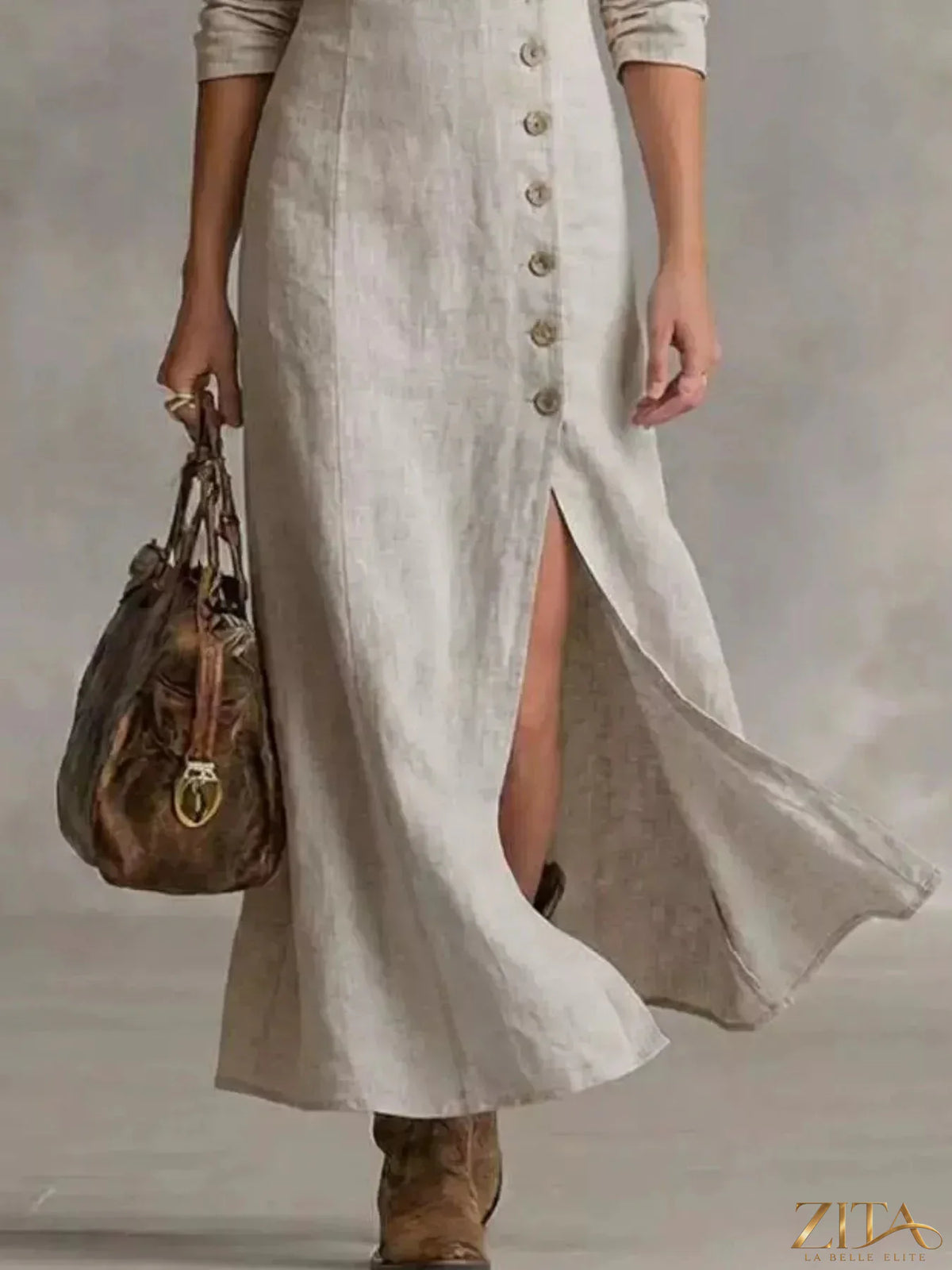 Zita La Belle Elite slit button-down midi dress in flowy fabric, featuring a front slit and classic collar.