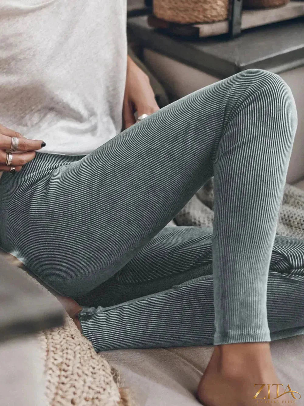 Ribbed elastic waist leggings from Trendsi featuring a close-up of the textured ribbed fabric and high-rise fit.