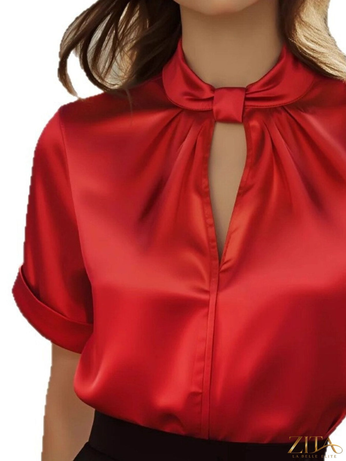 Zita La Belle Elite satin blouse with keyhole neckline, long sleeves, and elegant design, shown on a model.