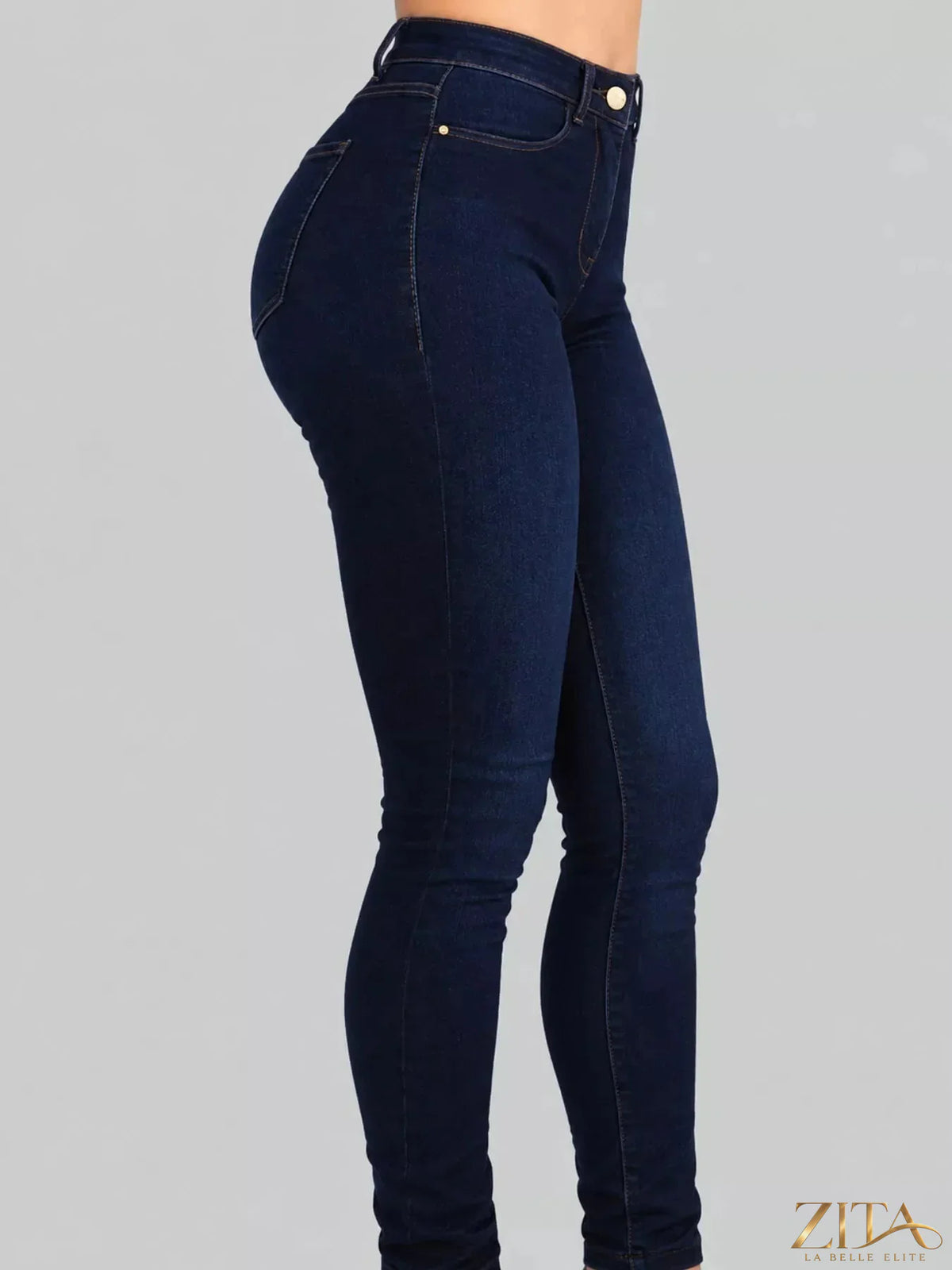 Zita La Belle Elite high-waisted sculpting skinny jeans in dark denim, showing front view with fitted design and classic five-pocket style.