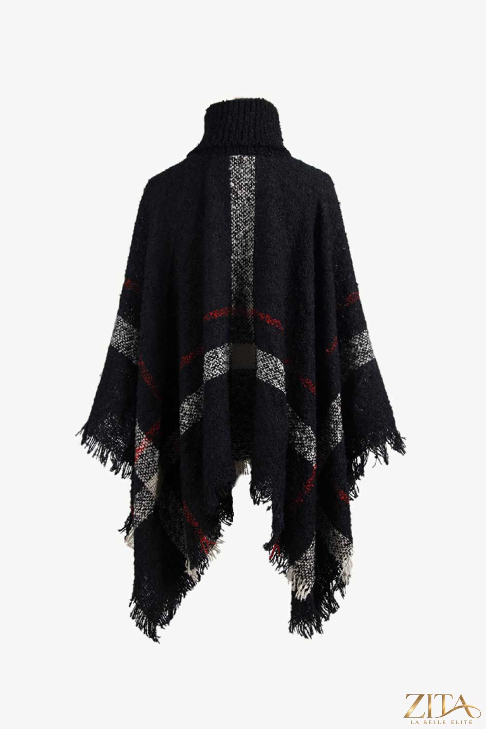 Plaid turtleneck raw hem poncho from Trendsi, showcasing cozy plaid fabric, turtleneck design, and raw hem detail.