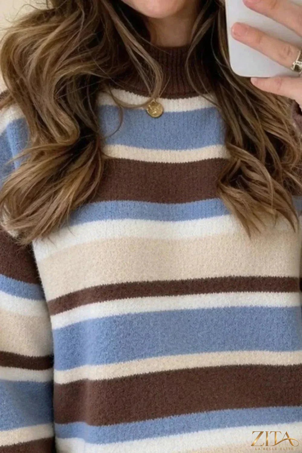 Zita La Belle Elite striped dropped shoulder sweater in soft knit with multicolored horizontal stripes and relaxed fit.