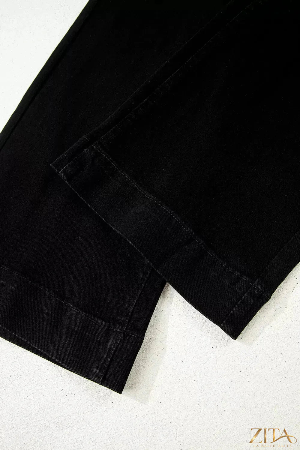 Zita La Belle Elite high waist flared jeans with 2-button closure and wide leg bottom, denim fabric, front and back view.