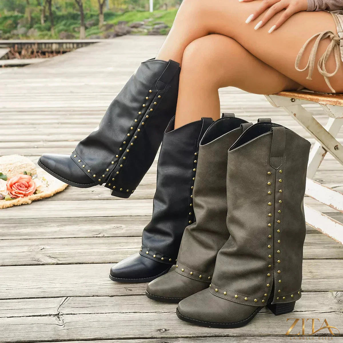 Zita La Belle Elite Western studded mid-calf boots with buckles and detailed stitching, showcasing a stylish leather design.