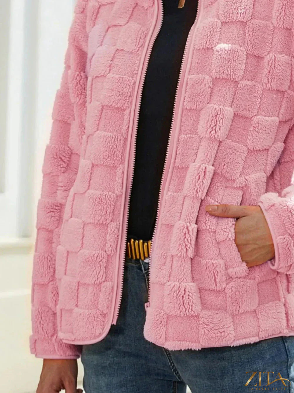 Zita La Belle Elite fuzzy checkered zip-up jacket with a soft texture and stylish pattern, shown in a close-up image.